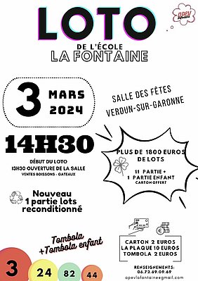 loto de l'école de la fonatine organisé par l'association des parents d'élève de la fontaine dimanche 3 mars 2024 à 14h30 à la salle des fêtes de verdun sur garonne. 
