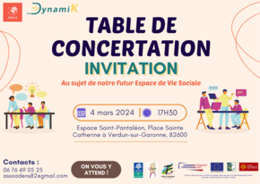 invitation à la table de concertation du dynamik le 4 mars à 17h30 à l'espace saint pantaleon à verdun sur garonne pour le futur espace de vie social
