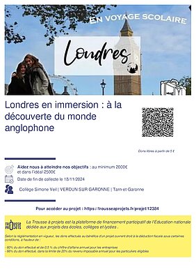 Le projet concerne 3 classes de 3ème du collège Simone Veil à Verdun-sur-Garonne soit 80 élèves et enseignants motivés. Les élèves partiront du 04 au 08 février 2025 pour découvrir Londres à travers différentes activités. pour les aider allez sur https://trousseaprojets.fr/projet/12384